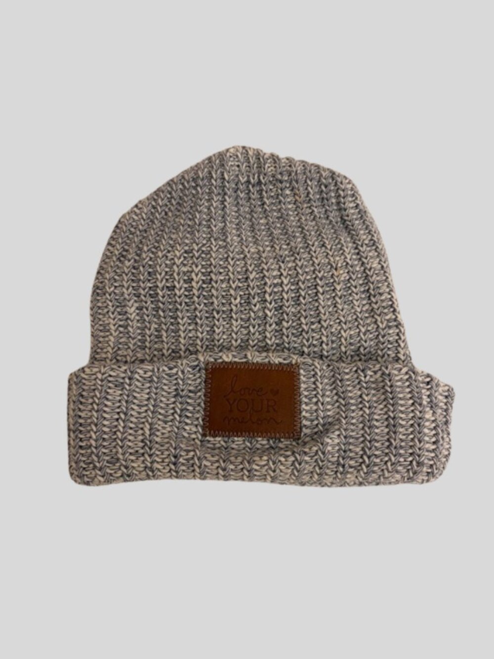 Love Your Melon Blue Speckled Marled Knit Cuffed Beanie with Leather Patch